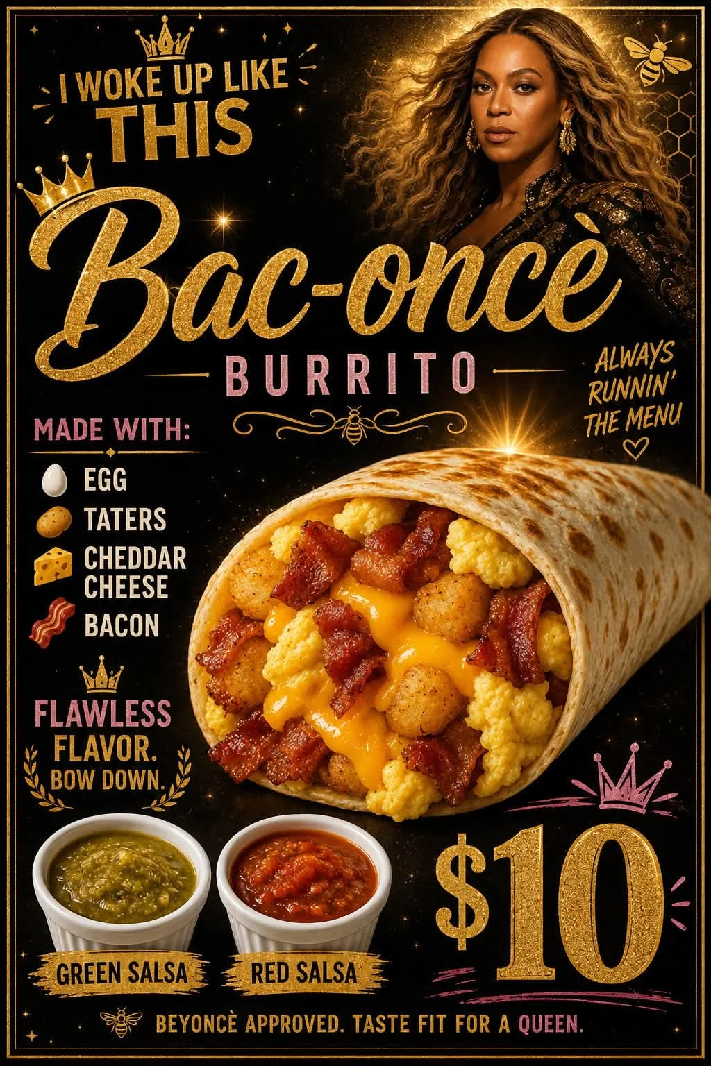 Bac-oncè poster: egg, taters, cheddar and bacon burrito