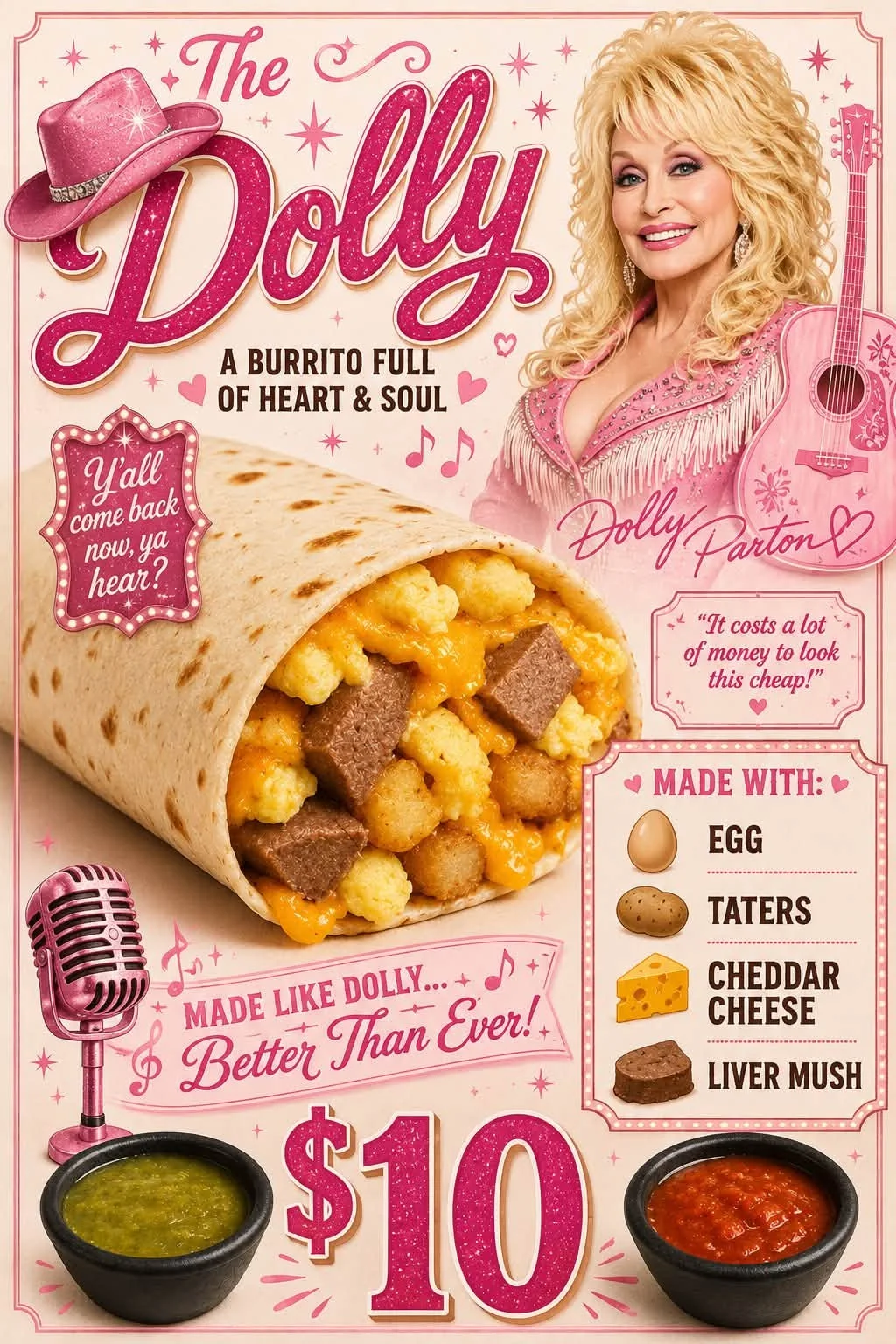 The Dolly poster: egg, taters, cheddar and livermush burrito