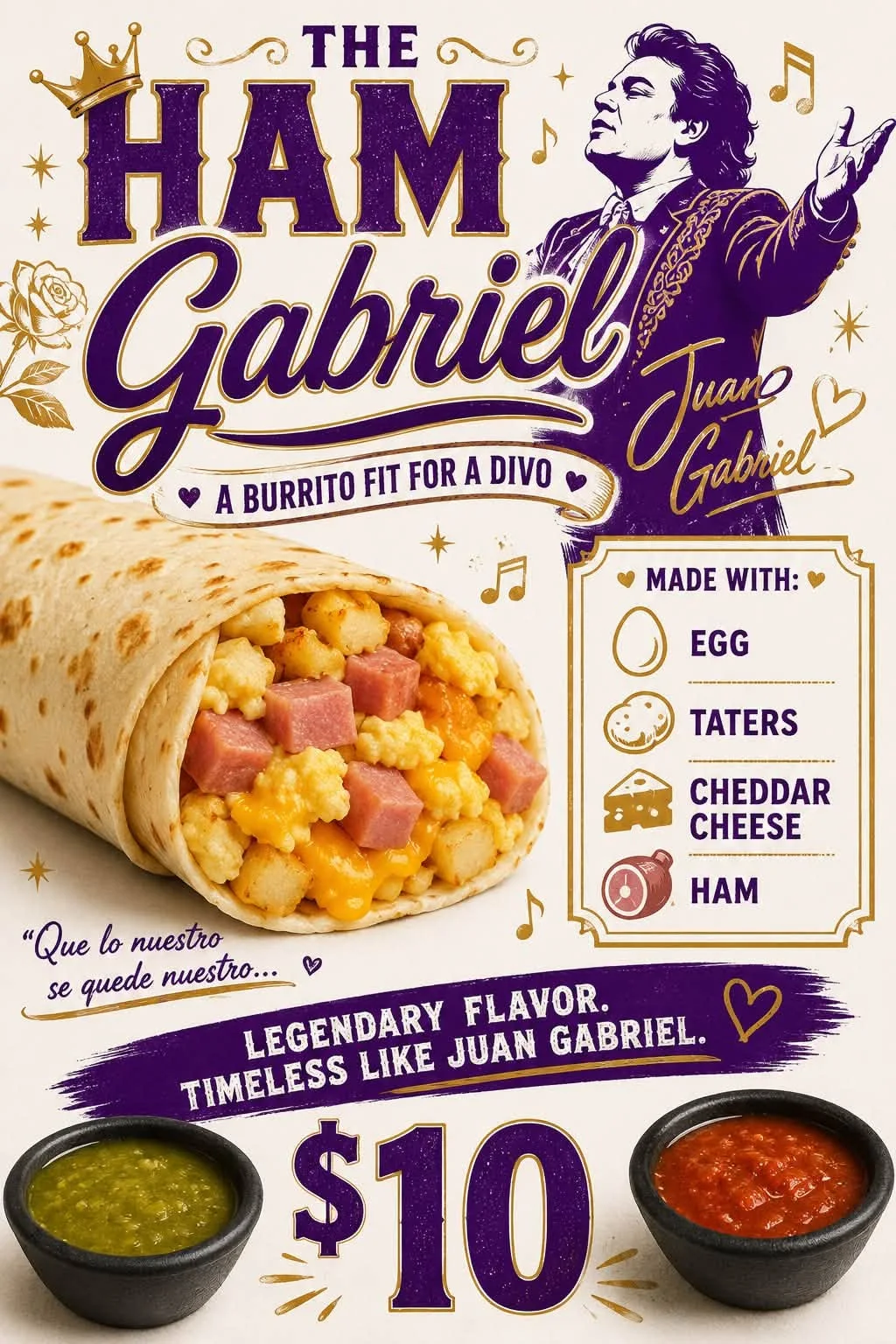 The Ham Gabriel poster: egg, taters, cheddar and ham burrito