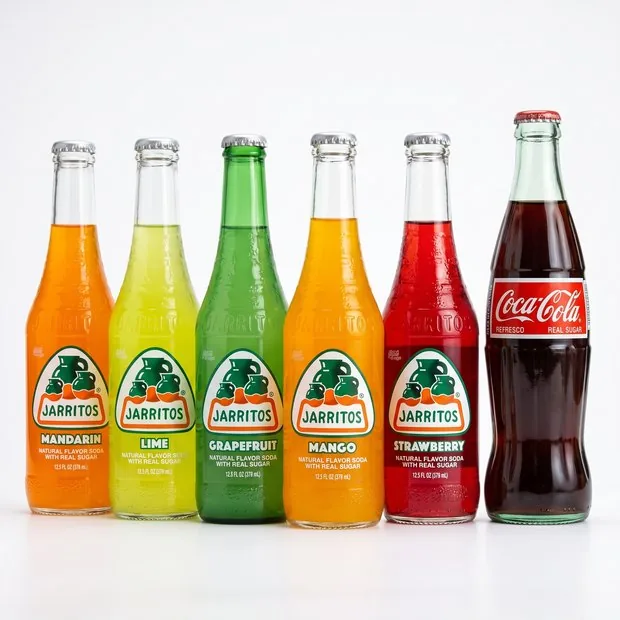 Jarritos in five flavors and a bottle of Mexican Coke