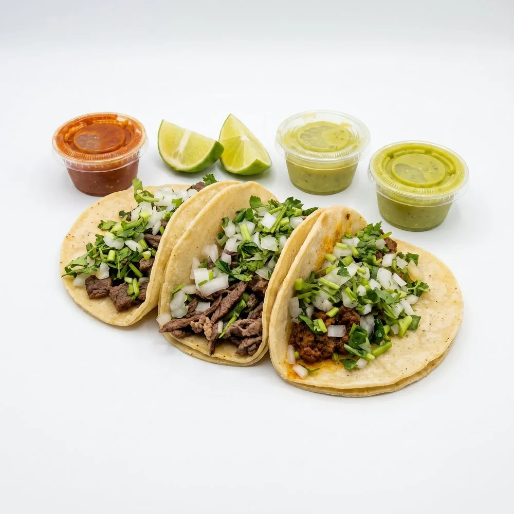 Three street tacos with onion and cilantro, red and green salsa, lime
