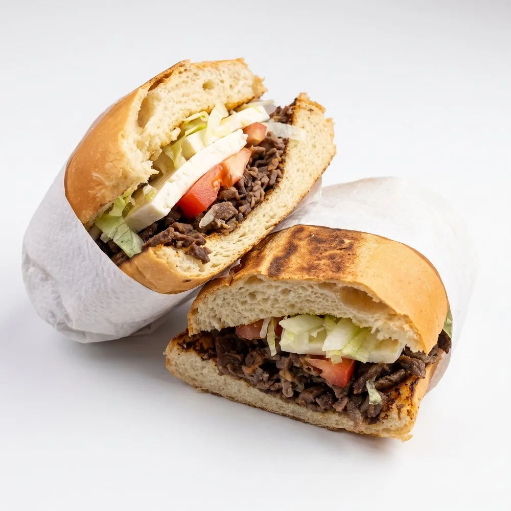 Torta cut in half: steak, lettuce, tomato and fresh cheese on a toasted roll
