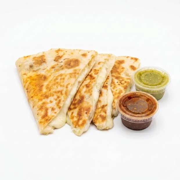 Plain cheese quesadilla in wedges with green and red salsa cups