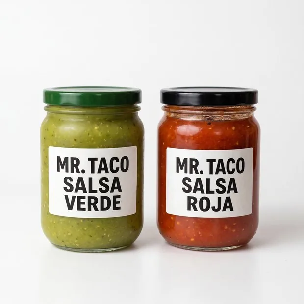 Two jars of Mr. Taco salsa, verde and roja